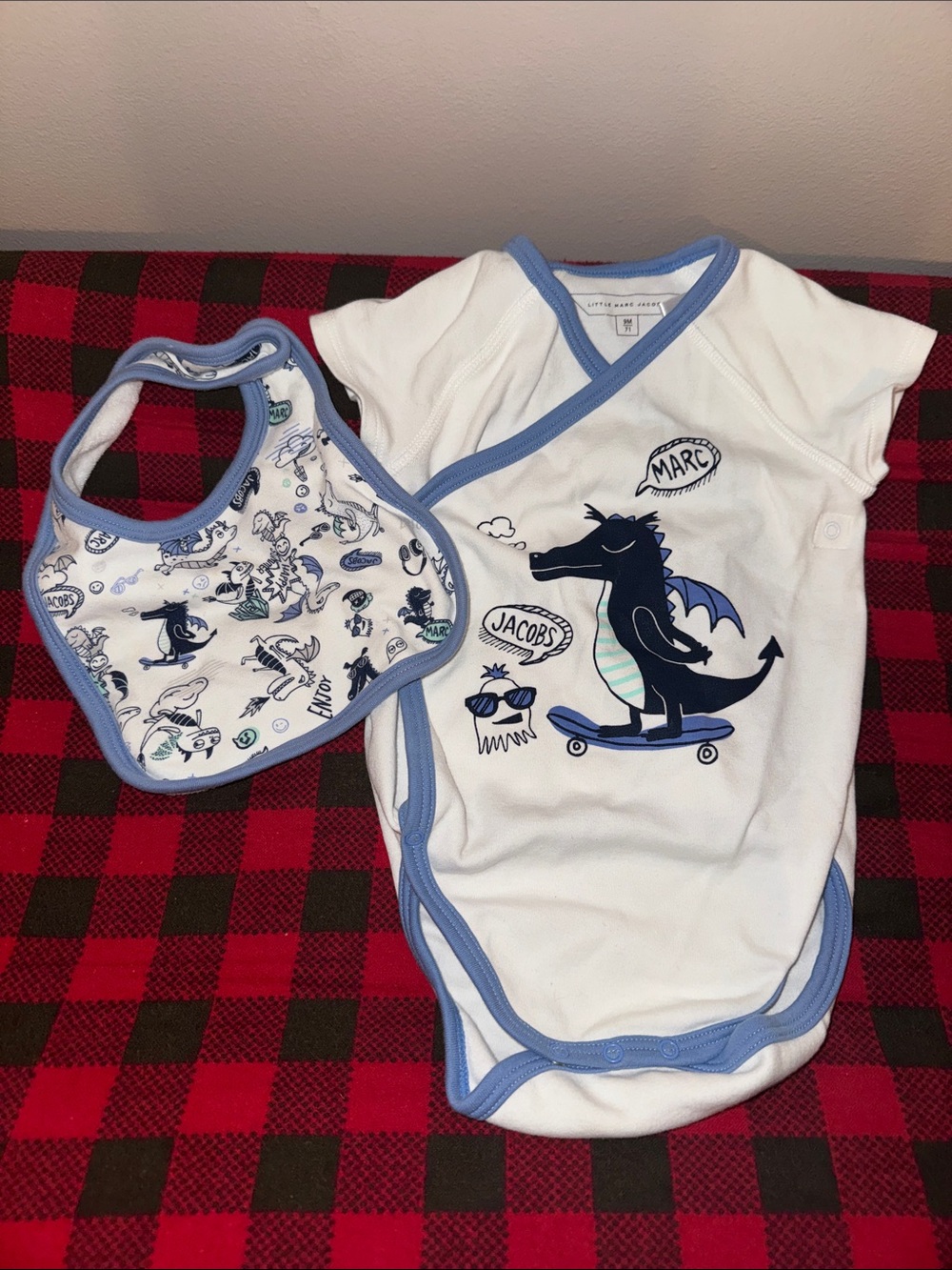 Little Marc Jacobs White Bodysuit & Bib Set with Blue Trim and Navy Dragon